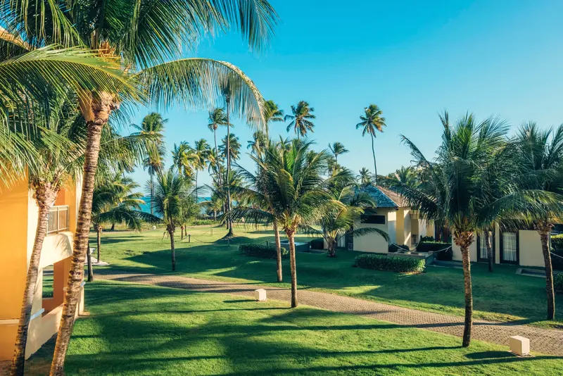 Jardim com gramado e coqueiros entre os prédios de apartamentos